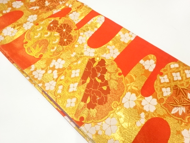 本金雪輪に花模様織出しリバーシブル全通振袖用袋帯　